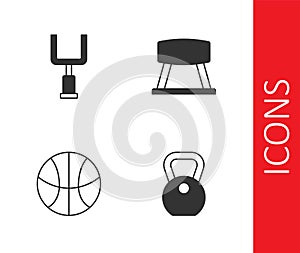 Set Weight, American football goal post, Basketball and Pommel horse icon. Vector