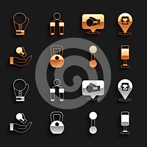 Set Weight, Boxing helmet, Punching bag, Dumbbell, glove, and Jump rope icon. Vector