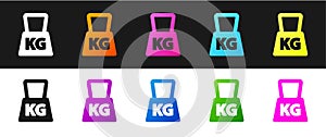 Set Weight icon isolated on black and white background. Kilogram weight block for weight lifting and scale. Mass symbol