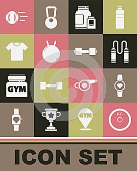 Set Weight plate, Smartwatch, Jump rope, Sports nutrition, Kettlebell, T-shirt, Tennis ball and Dumbbell icon. Vector