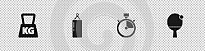 Set Weight, Punching bag, Stopwatch and Racket and ball icon. Vector