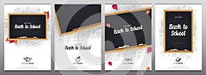 Set of Welcome Back to School banners with chalkboard and white hand draw doodle background.