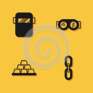 Set Welding mask, Chain link, Gold bars and glasses icon with long shadow. Vector