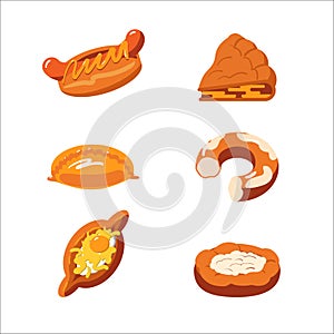 The set of well-done pastries. Elements for design of a bakery. Free hand drawing objects isolated on white. Vector illustration.