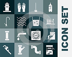 Set Well, Wastewater, Electric pump, Mop, Wave, Water tap, Fire hydrant and Glass with icon. Vector