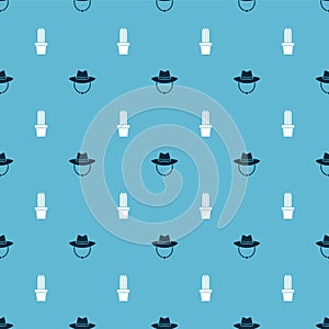 Set Western cowboy hat and Cactus peyote in pot on seamless pattern. Vector