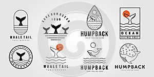 set of whale tail and collection of humpback on ocean logo vector illustration design