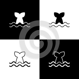 Set Whale tail in ocean wave icon isolated on black and white background. Vector