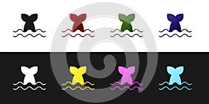 Set Whale tail in ocean wave icon isolated on black and white background. Vector