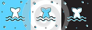 Set Whale tail in ocean wave icon isolated on blue and white, black background. Vector