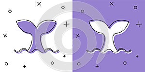 Set Whale tail in ocean wave icon isolated on white and purple background. Vector