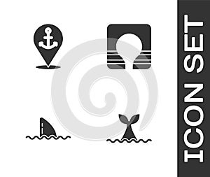 Set Whale tail in ocean wave, Location with anchor, Shark fin and Life jacket icon. Vector