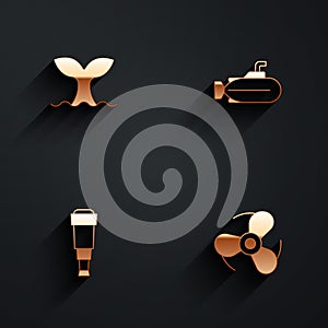 Set Whale tail, Submarine, Spyglass telescope lens and Boat propeller icon with long shadow. Vector