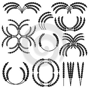 Set of wheat wreaths and grain spikes. Illustrations and pictograms. Black and white vector clipart and drawings.