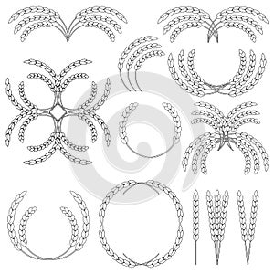 Set of wheat wreaths and grain spikes. Line and outline vector clipart and drawings. Black and white illustrations and pictograms.