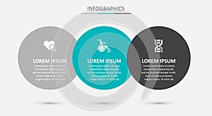 Set Wheelchair for disabled person, Medical heart inspection and DNA symbol. Business infographic template. Vector