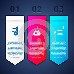 Set Wheelchair for disabled person, Test tube and flask and Medical dental. Business infographic template. Vector