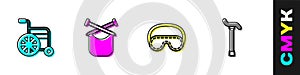 Set Wheelchair, Knitting, Eye sleep mask and Walking stick cane icon. Vector