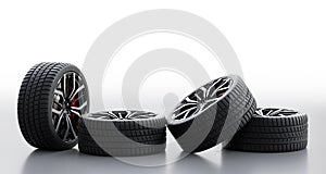 Set of wheels with modern alu rims on white background