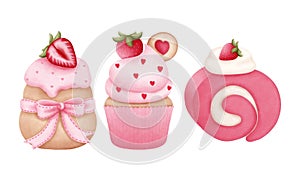 Set of whimsical watercolor valentine strawberry dessert clipart.Cake,Swiss roll cake,Cupcake,Muffin