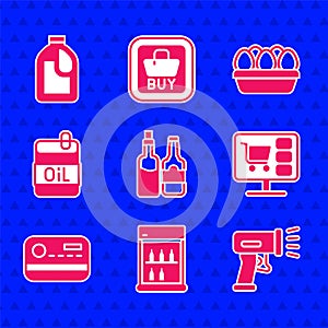 Set Whiskey bottle, Commercial refrigerator, Scanner scanning bar code, Shopping cart on computer, Credit card, Bottle