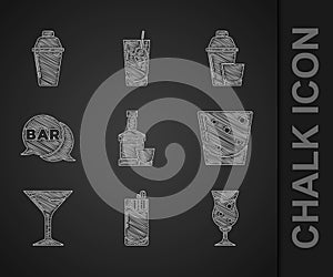 Set Whiskey bottle and glass, Cocktail Bloody Mary, Glass of beer, rum, Martini, Street signboard with Bar, shaker and