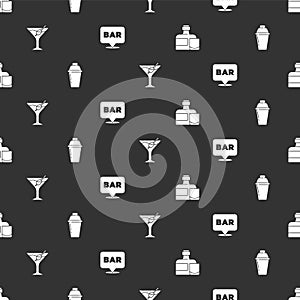 Set Whiskey bottle and glass, Cocktail shaker, Martini and Alcohol bar location on seamless pattern. Vector