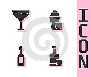 Set Whiskey bottle and glass, Wine, Champagne and Cocktail shaker icon. Vector