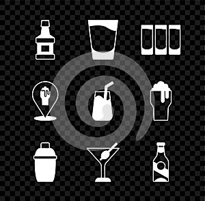 Set Whiskey bottle, Shot glass, Cocktail shaker, Martini, Beer, Alcohol or beer bar location and icon. Vector