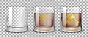 Set of whiskey, rum, bourbon or cognac glasses with Alcohol and without. Transparent Alcohol glasses Drink in a