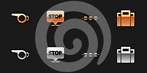 Set Whistle, Protest, Barbed wire and Police assault shield icon. Vector