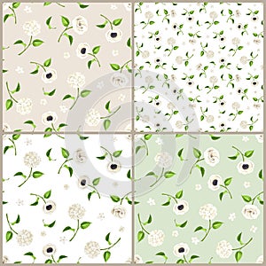 Set of white, beige and green seamless floral patterns. Vector illustration.