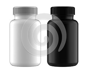 A Set of White and Black Pastic Bottles for Pills Packing for Accurate Work with Light and Shadows Isolated on White Background.