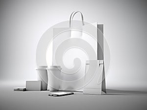 Set of white blank shopping bag, two coffee cups