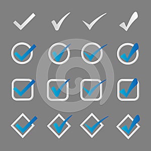 Set of white and blue checkmarks in a round button.