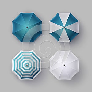 Set of White Blue Striped Opened Rain Umbrella