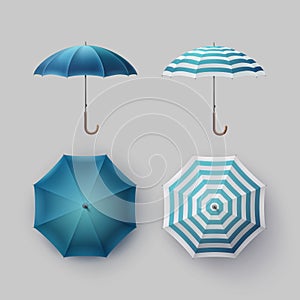 Set of White Blue Striped Round Rain Umbrella