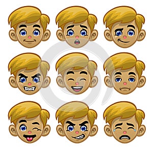 Set white boy head with various eyes and mouths expression photo