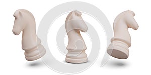 Set of white chess knights, horses. Realistic vector elements in different position