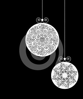 Set of White Christmas Ball Silhouettes on Black Background.