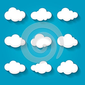 Set of white cloud collection on blue background. Vector illustration.