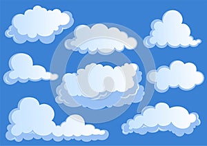 Set of white clouds, cloud icons on blue background