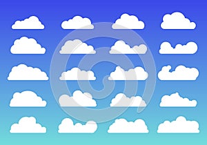 Set of white clouds Icons trendy flat style on blue background. Cloud symbol or logo, different for your web site design, logo,