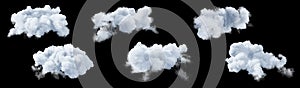 Set of white clouds isolated on black background. 3D render.