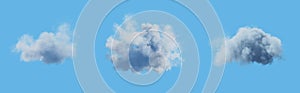 Set of white clouds isolated on blue background. 3D render.