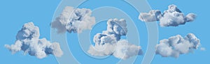 Set of white clouds isolated on blue background. 3D render.