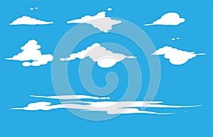 Set of white clouds vector design illustration isolated on blue sky. Cloud icon on blue background.