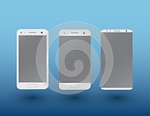 A set of white color modern touchscreen smartphones on dark blue background with shadow vector illustration