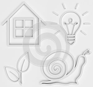 A set of white convex contour icons of small house, snail, lamp and leaf on a white background