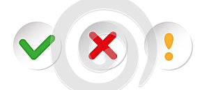 Set of white cross and check mark icons, flat round buttons. Vector EPS10